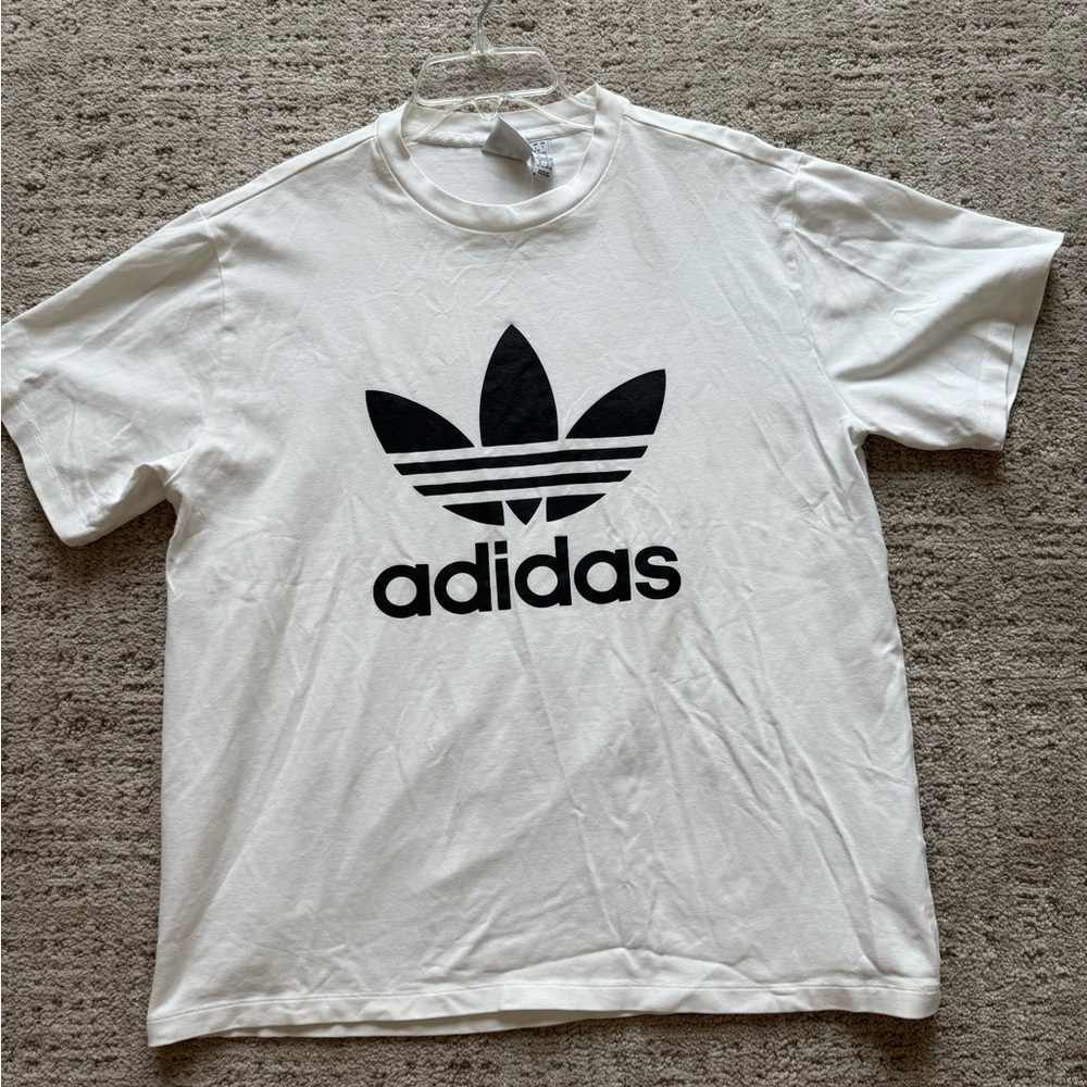 Adidas Women’s Size Large Heavy Cotton T-shirt White with Black Logo EUC Rare